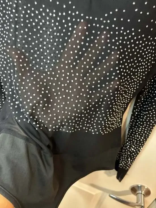 Talent Rhinestone Studded Mesh Long Sleeve Bodysuit in Black M/L - Picture 8 of 11